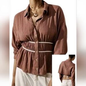 Free People Morrison Shirt Brown Button Down With Tie Cropped Back Size S Cotton